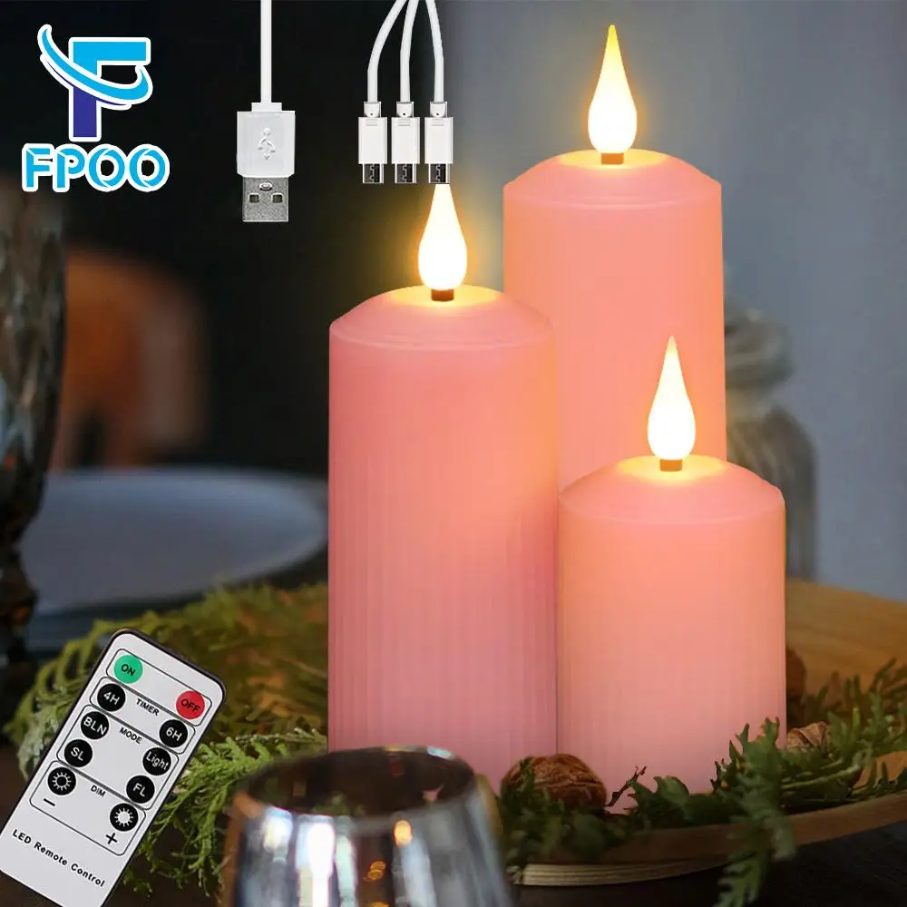 FPOO Rechargeable Candles By USB With Flickering Flame Remote Control Led Candle Pink Wedding Holiday Decoration Candle Light