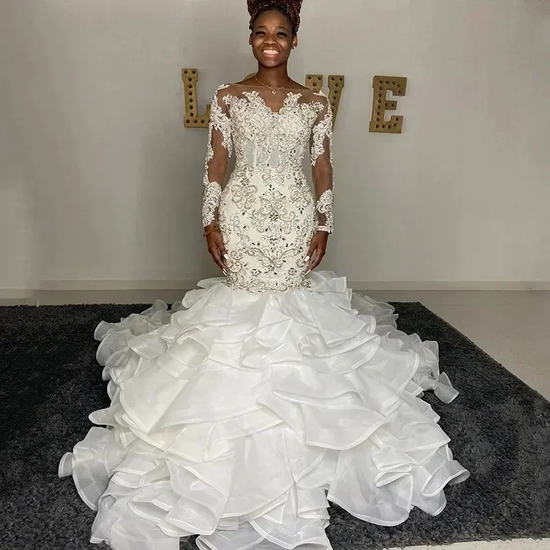 

Customized Well Design Beads Appliques African Wedding Dresses Sweep Train Plus Size Long Sleeves Organza Cascading Ruffles