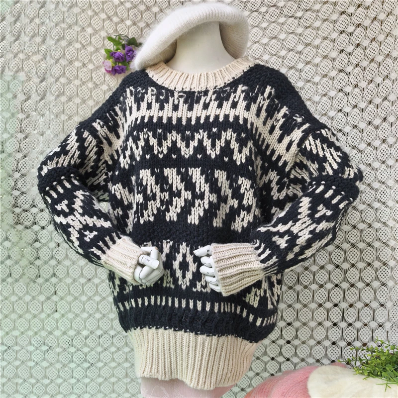 

Vintage Nordic Fair Isle Thick Wool Sweater Women Loose Black Beige Chunky Pullover Retro Winter Warm Casual Knitwear Sweater