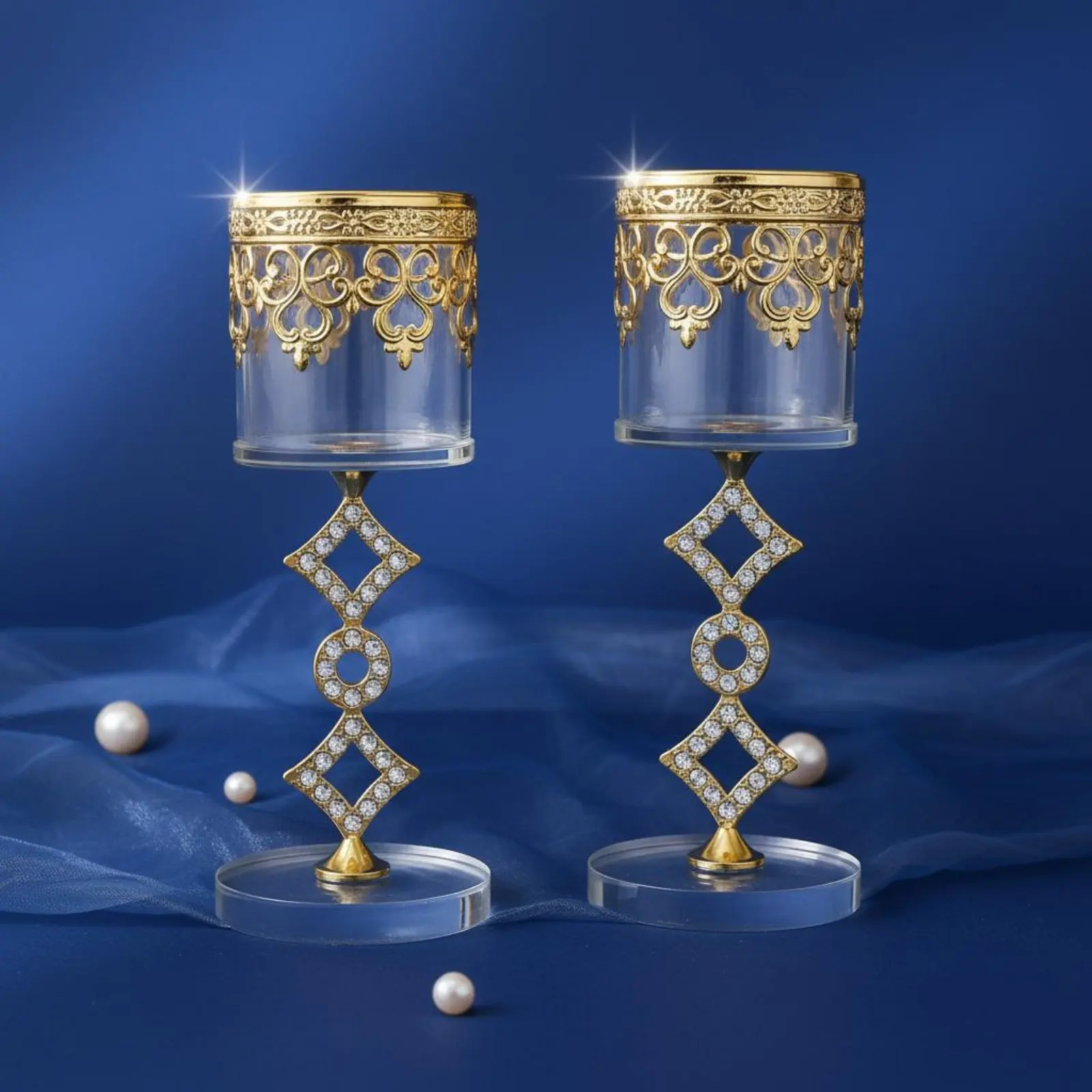 2 Pieces Crystal Metal Candle Holder Set Hollow-Carved Design Decorative Table Centerpiece for Wedding, Party view 5