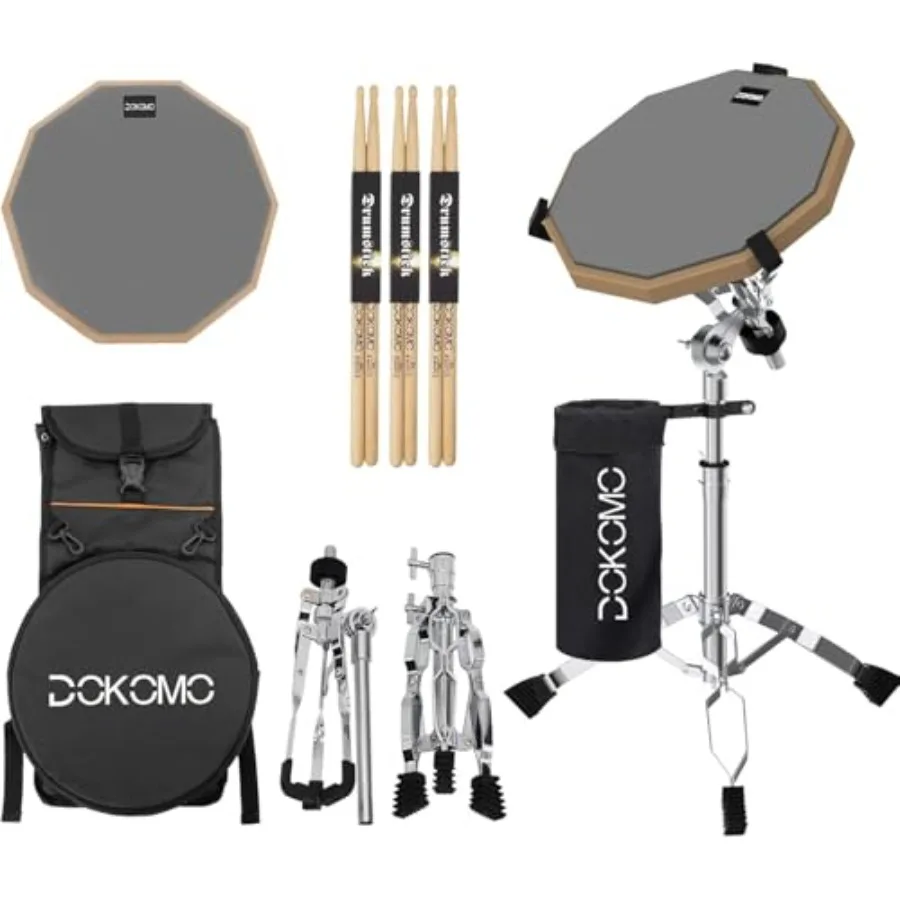 

12-дюймовый двусторонний бесшумный тренировочный пэд с подставкой для малого барабана, набор для барабанщиков, серый, светящаяся сумка для переноски, барабанные палочки и держатель