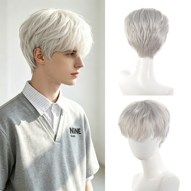 Synthetic Silver Men's Wig, Short Korean Micro-Parted Layered Cut, For Cosplay Daily Wear & Parties, Natural Look, Soft Fiber.