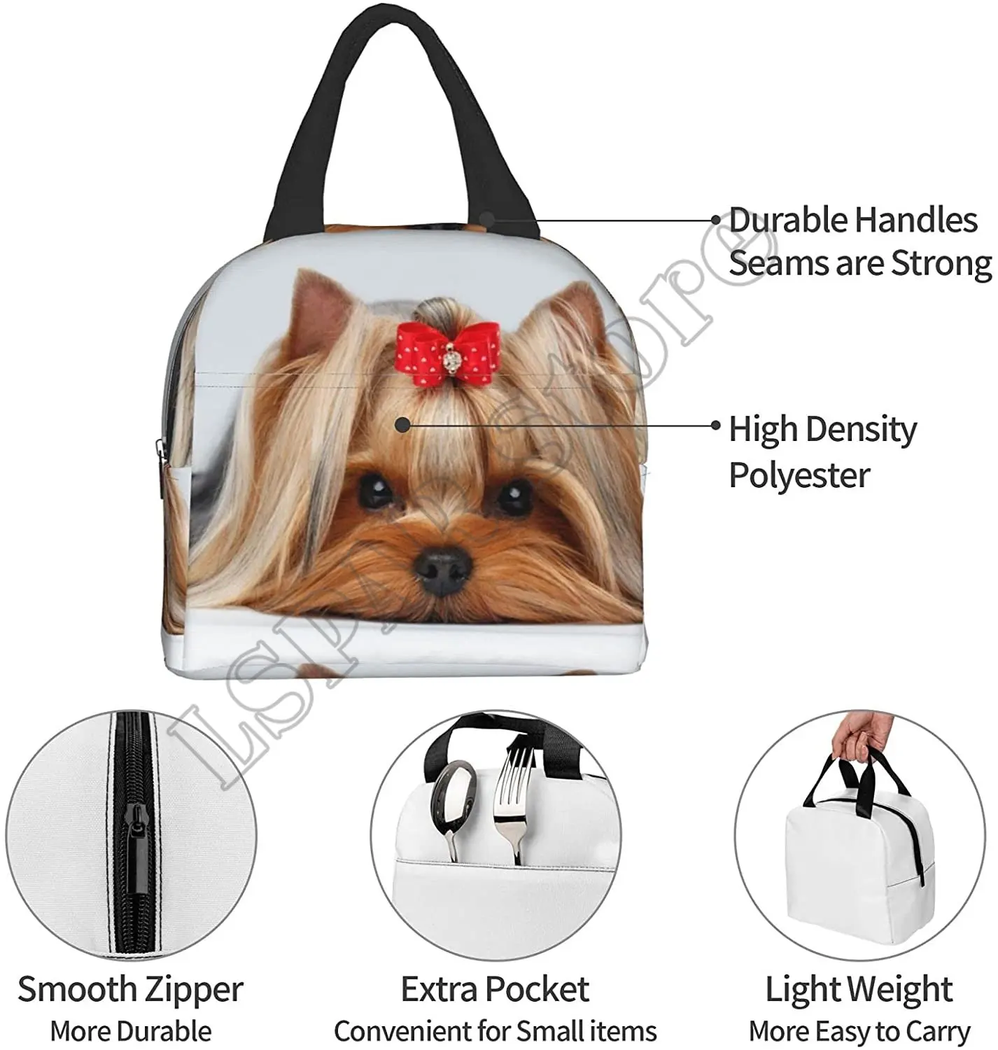 Cute Ribbon Yorkie Love Dog Lunch Bags for Women Boy Girl Reusable Insulated Lunch Box Suitable Travel Work Picnic Beach Office