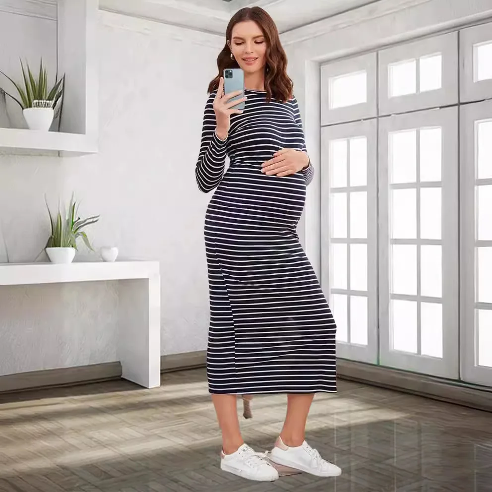 Women's Summer Long-sleeved Breathable Stripe Round-neck Pregnant Women's Dress For Comfortable Maternity Wear Maxi Skirt