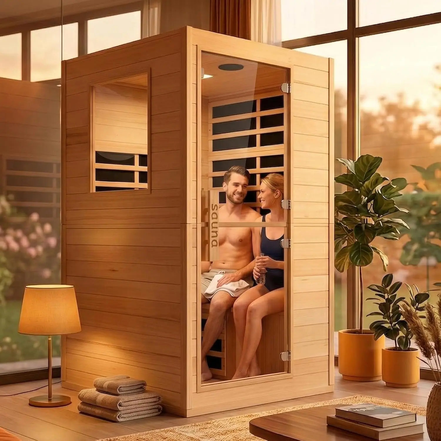 Luxury 2 Person Far Infrared Sauna, Indoor Canadian Hemlock Wood Dry Sauna Room for Home Spa, 110V 2000W, Digital, Customized