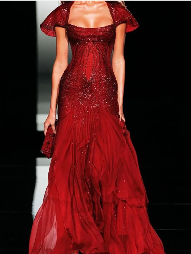 

Chic Red Scoop Collar Sequined Beading Straight Formal Evening Dresses Birthday Party Prom Gowns Customized