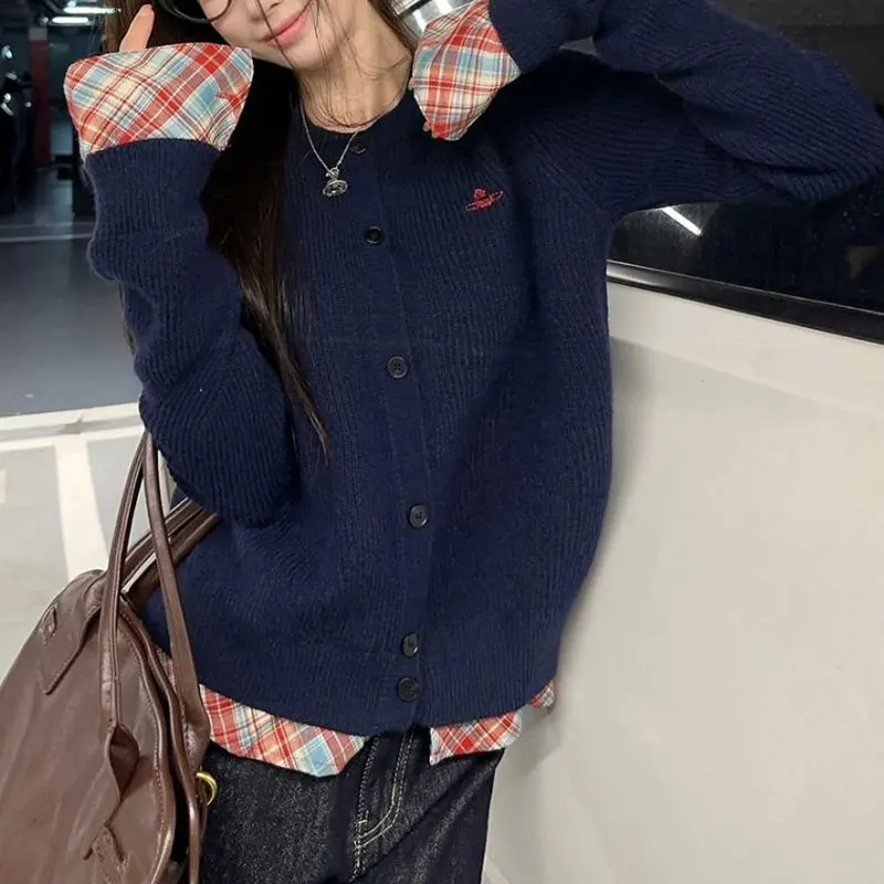 Vintage Plaid Patchwork Sweaters Female Clothing Korean Fake Two Pieces Autumn Winter Fashion Embroidery Loose Knitted Jumpers