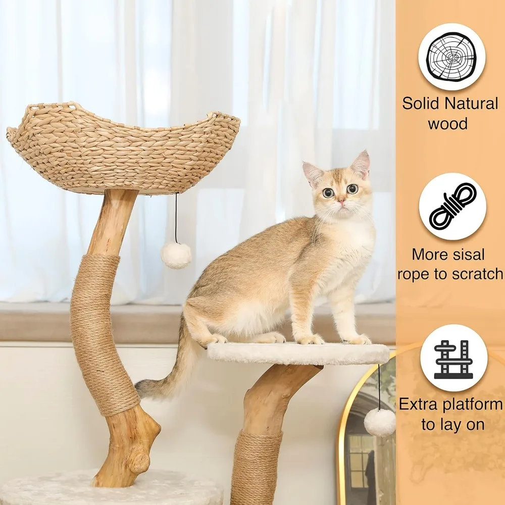 Arbre à Chat Moderne pour Petits Chats d'Nik, Tour en Bois group avec Poteau à Gratter, Enclos Unique Boho, Blanc