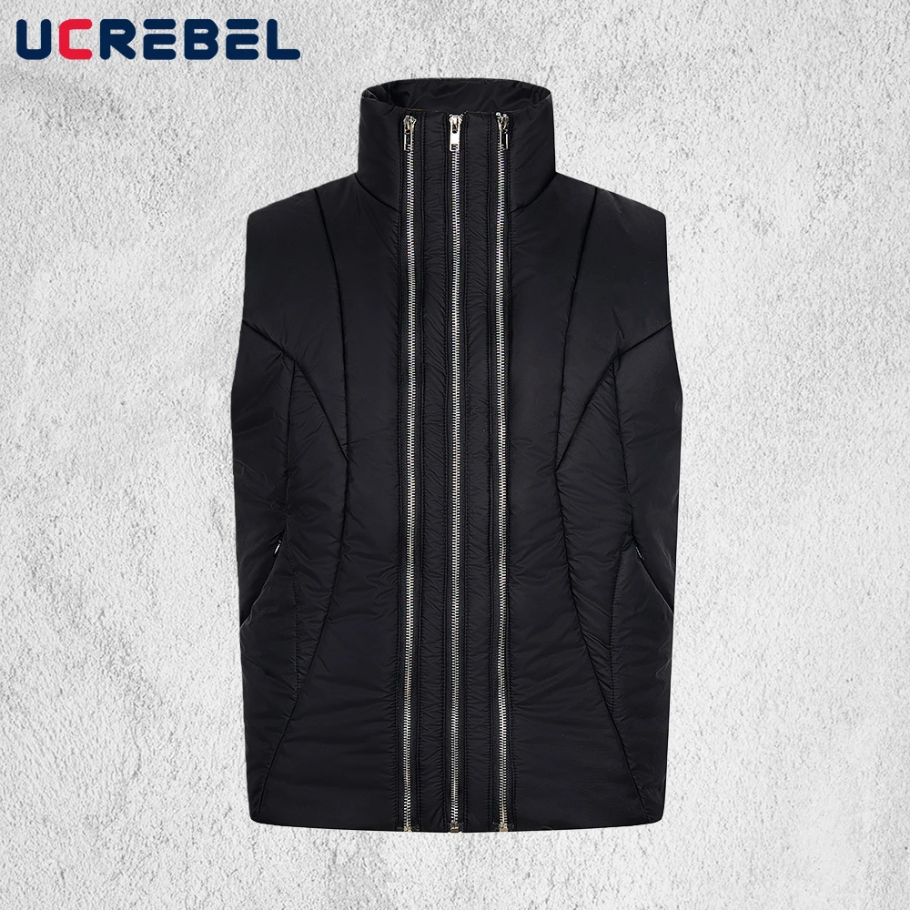 

Zipper Decoration Quilted Vest Mens Solid Color Autumn Winter High Street Stand Collar Sleeveless Outerwear Man