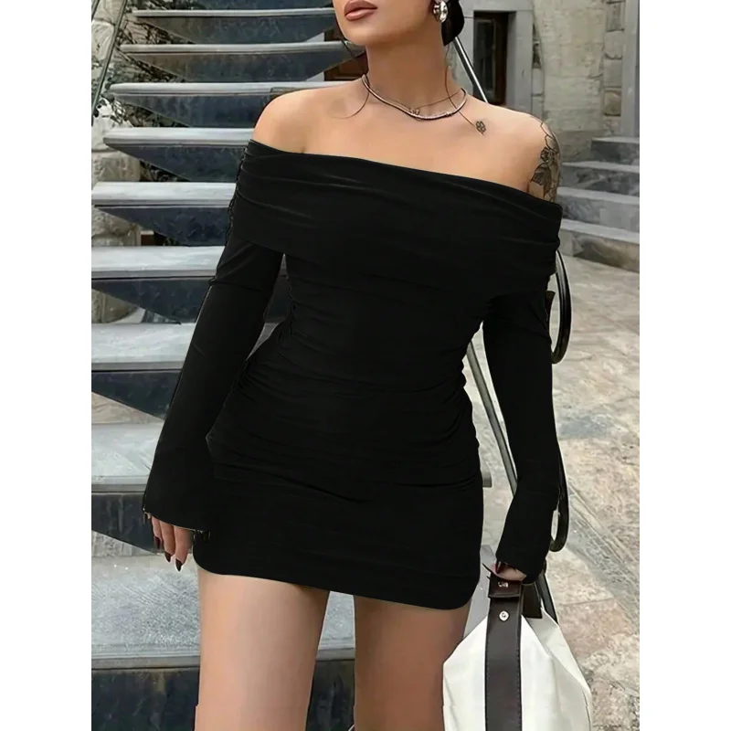 

Off-Shoulder Sexy Dress Autumn Winter High Waist Bodycon Tube Top Short Dress for Women