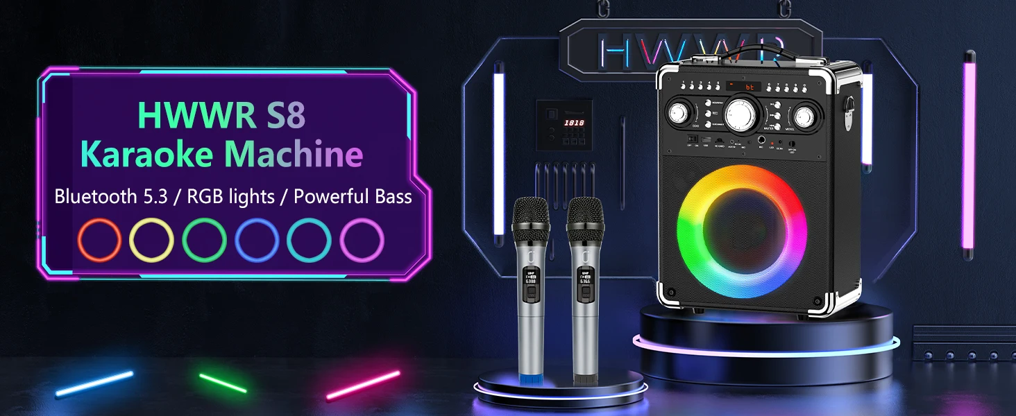 S8-T Karaoke-Maschine mit 3 kabellosen Mikrofonen für Erwachsene, Singing Machine unterstützt TWS/USB/TF-Karte/Gitarre/TV verbunden – Detail 10
