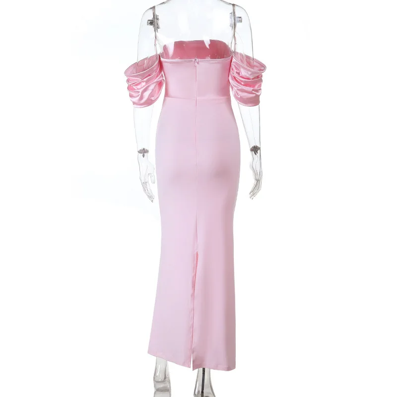 Cetim fora do ombro vestido de noite clube vestidos 2025 feminino outono sexy bodycon maxi vestidos festa elegante noite baile vestido rosa