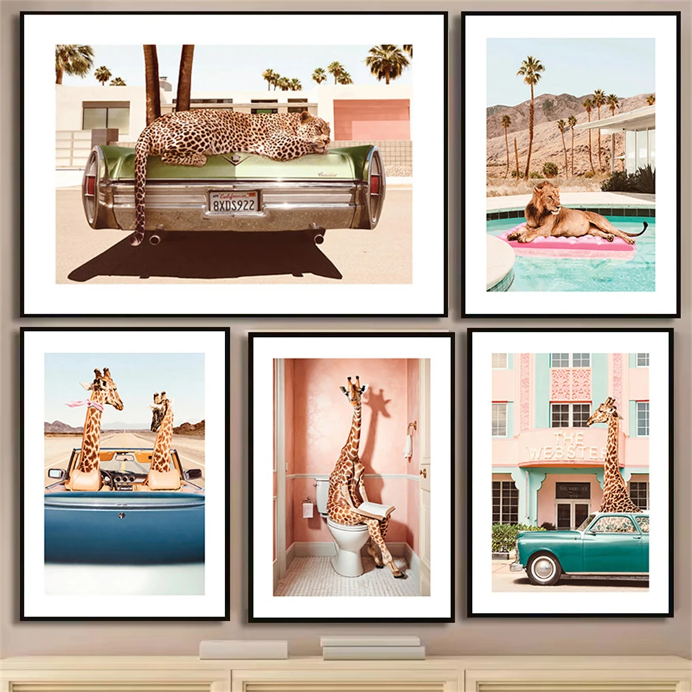 Vintage Animals in California Poster Mid Century Lion Giraffe Leopard Springs Wall Art Canvas Painting Living Room Home Decor