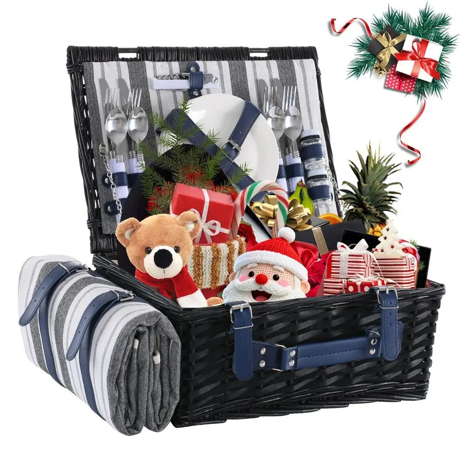 

Корзина для пикника на 4 человека с водонепроницаемым одеялом для пикника и изолированным холодильником, корзина для ивы для кемпинга, на открытом воздухе, фотосессии или B