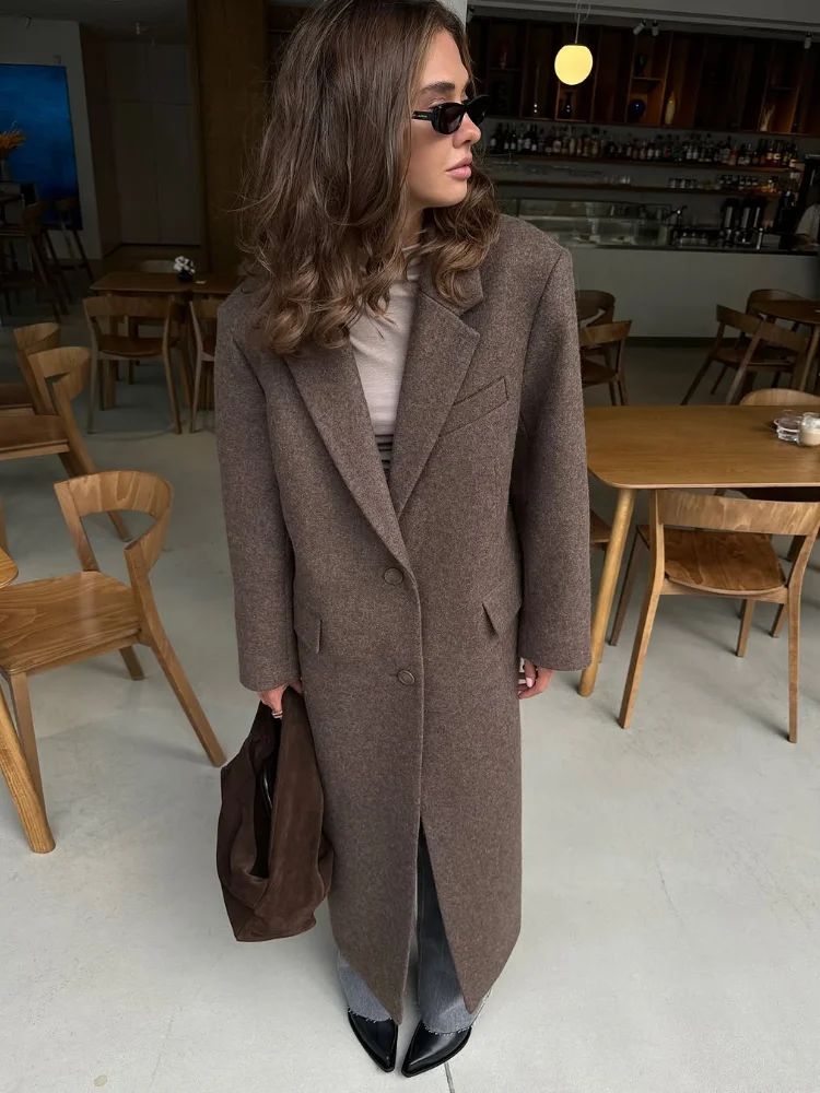 Fashion Shoulder Pad Solid Wool Overcoat Women Elegant Lapel Single-breasted Long Sleeve Coat 2025 Autumn Lady Commuter Outwear