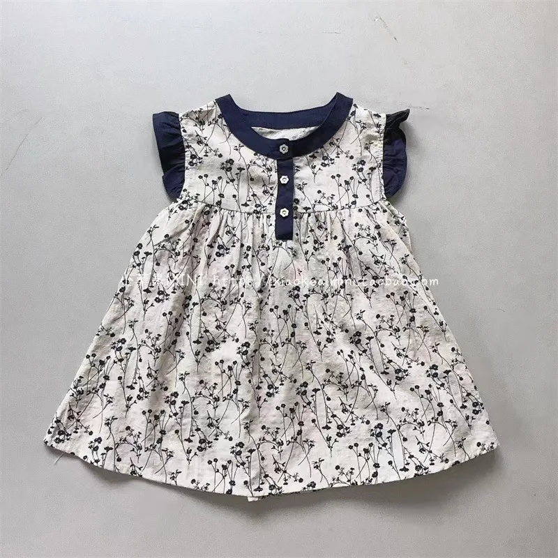 Children Girls Dress Summer Korean Style Retro Flower Print Baby Girls Clothes Princess Dress