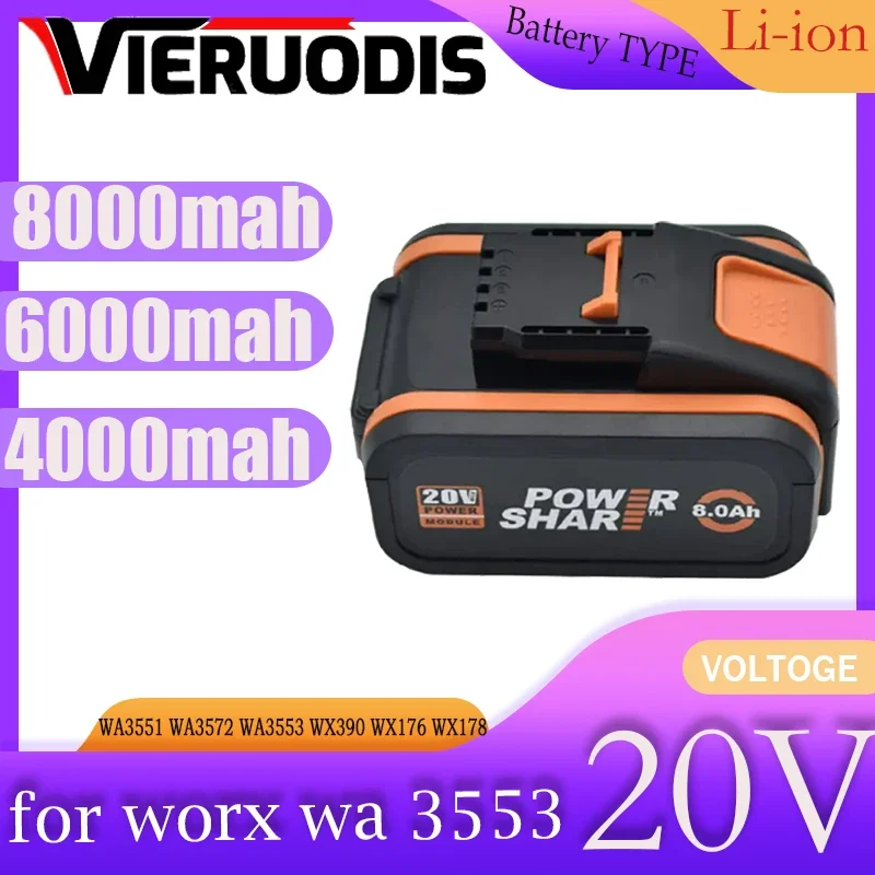 

20V 8.0Ah Lithium ion Replacement Rechargeable Battery for Worx WA3551 WA3553 WX390 WX176 WX386 WX373 WX290 WX800 WU268