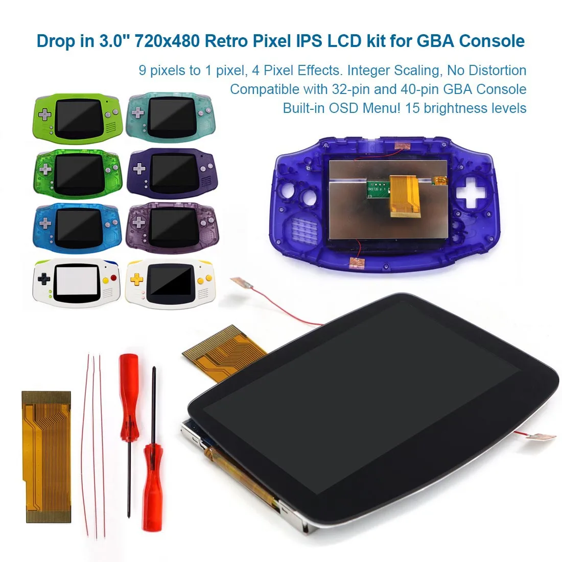 

Hot 3.0'' 720x480 GBA IPS V5 Laminated LCD Kit with OSD for GameBoy Advance - LCD Backlight screen Mod Customised Housing shell