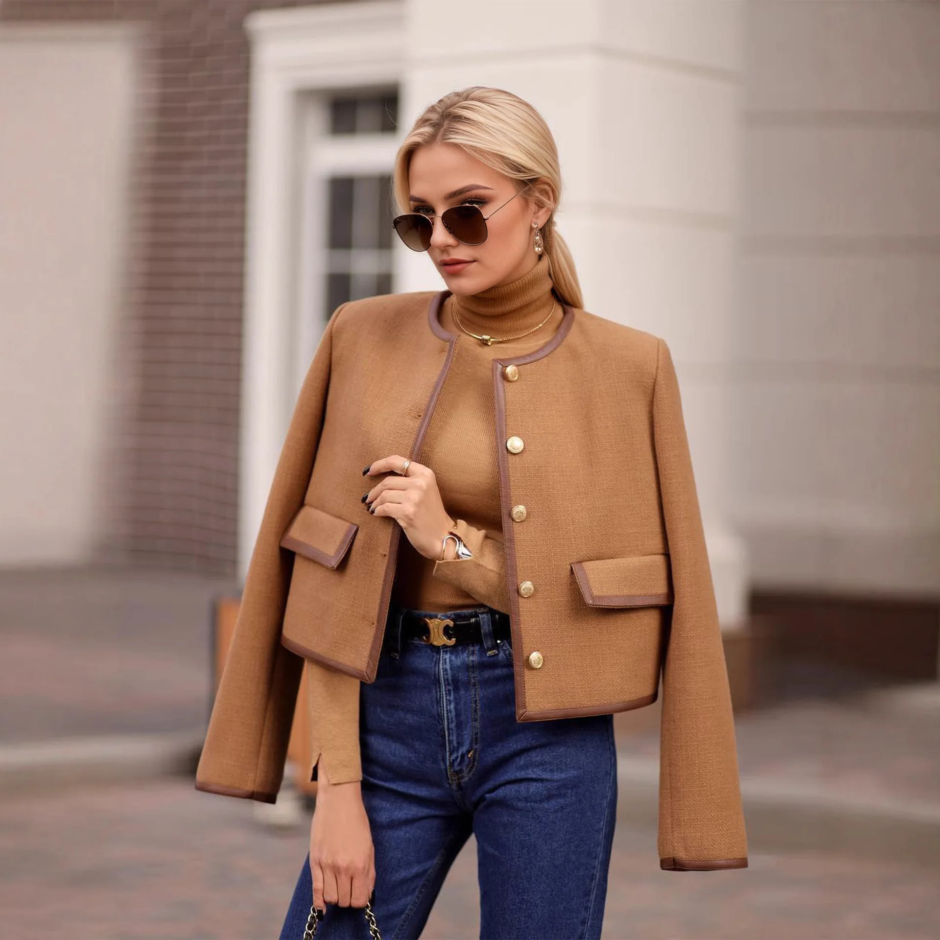 New Luxurious Minimalist Tweed Jacket For Women's With Gold Button Pockets Elegant Coarse Tweed Short Jacket Retro Office Jacket