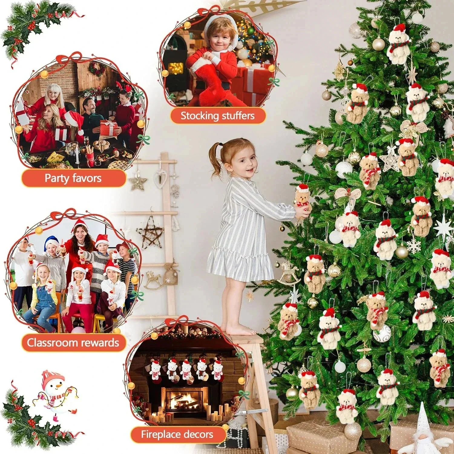 12-36pcs 3D Christmas Mini Teddys Bears Plush Dolls Bulk Xmas Bear Tiny Soft Bear Dolls Party Favors Christmas Tree Decorations