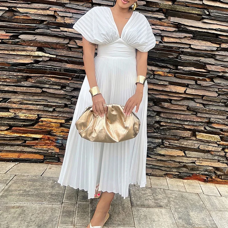 

Ladies Sexy V Neck High Waist Commuting Dress Casual Street Short Sleeved Loose Dress New Summer Simple Solid Pleated Long Dress