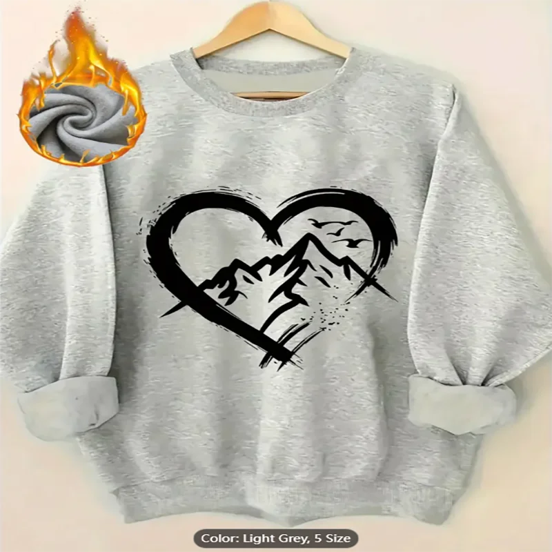 

Женская толстовка с графическим принтом в виде горного сердца на флисовой подкладке, повседневный пуловер большого размера, топ для любителей активного отдыха, чистый хлопок