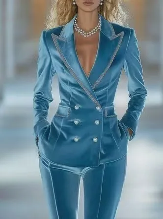 

New Fashion Casual Long Sleeve Turn-down Collar Double Breasted Patchwork Slim Fit Suits + Straight Leg Ankle Length Pants Set