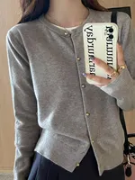 Solid Color Knitted for Women Cardigan Korean Single Breasted Long Sleeve Jumper Woman Round Neck All Match Cardigans Outwear