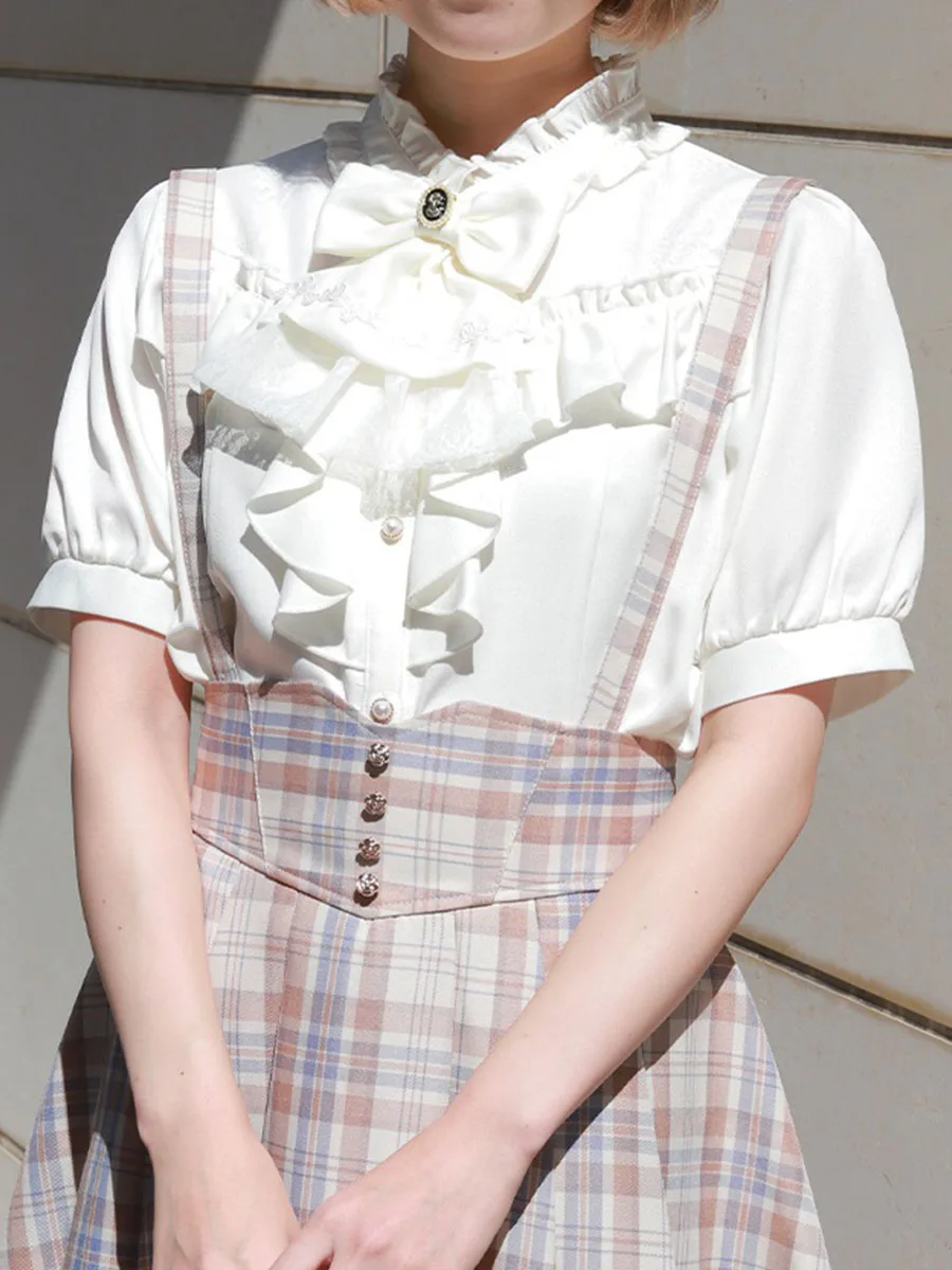

Elegant Lace Collar Shirt Short Sleeve Knot Patchwork Women's Fashion Straight Cut French Style Spring Season Polye...