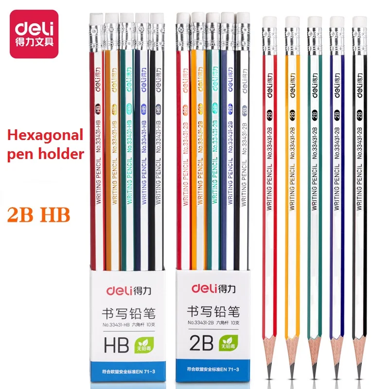 10pcs/Set Deli Pencil 2B/HB Students Hexagonal Pole Primary School Writing Pen With Eraser For Kids Wood Pencils Drawing Supplie