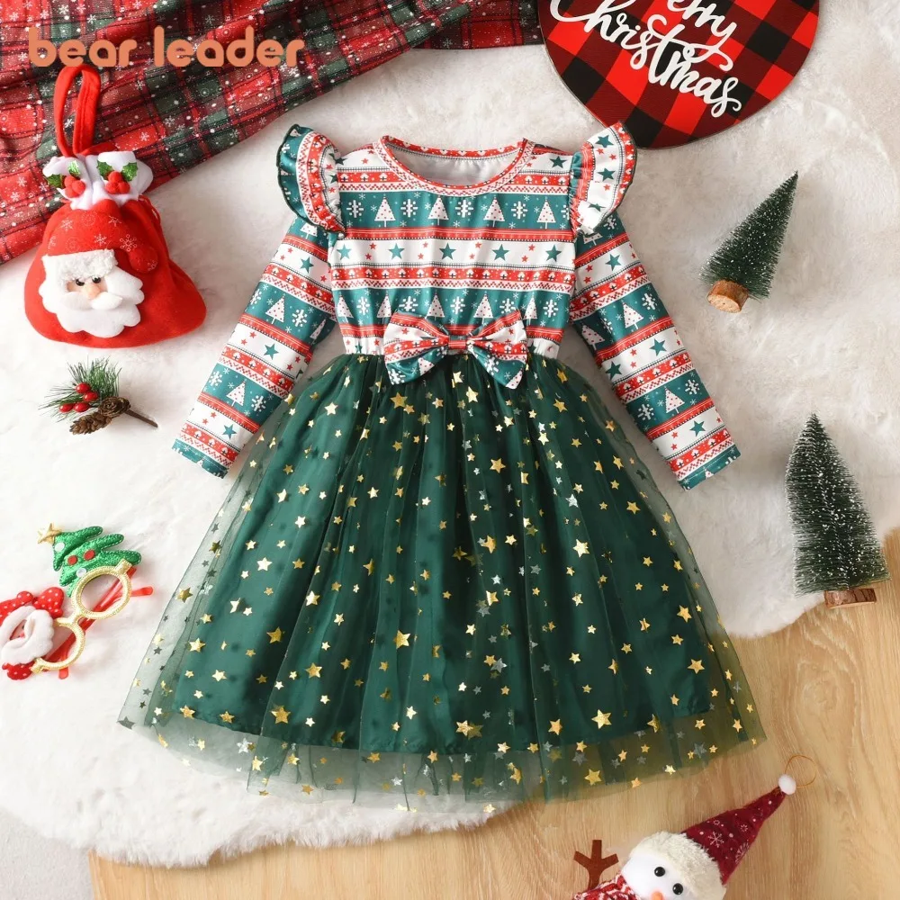 

Осеннее платье Bear Leader с длинными рукавами и бантом в стиле пэчворк, сетчатые платья со звездами для девочек, платье в виде рождественской елки, 1920, праздничная детская одежда