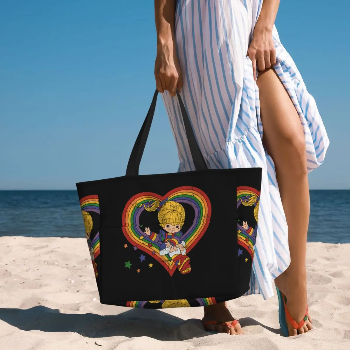 

Rainbow Brite With Rainbow Heart Beach Tote Bag Sport Gym Yoga Duffle Large Tote Bag Women Travel Bag Fitness bag