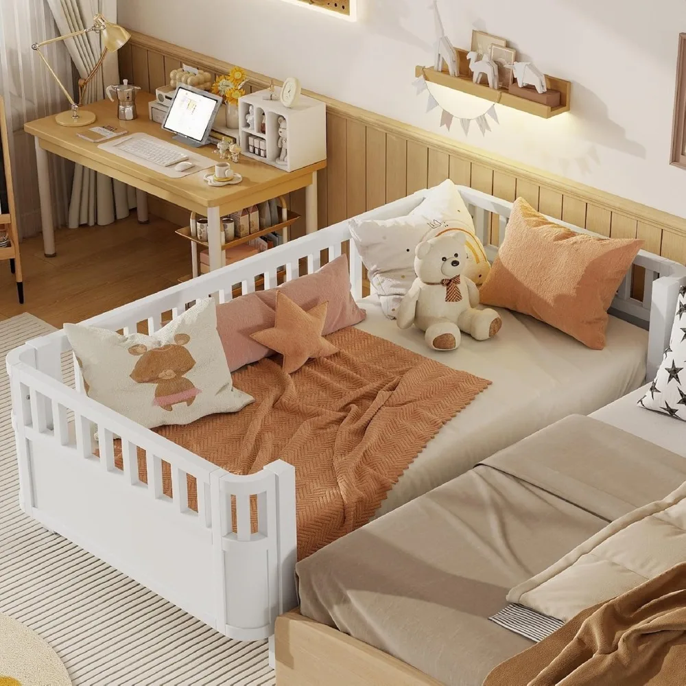 

Twin Size Wooden Floor Bed, Montessori Platform Bed Frame with Low Profile & Safety Rails, Space Saving Kids Beds for Boys