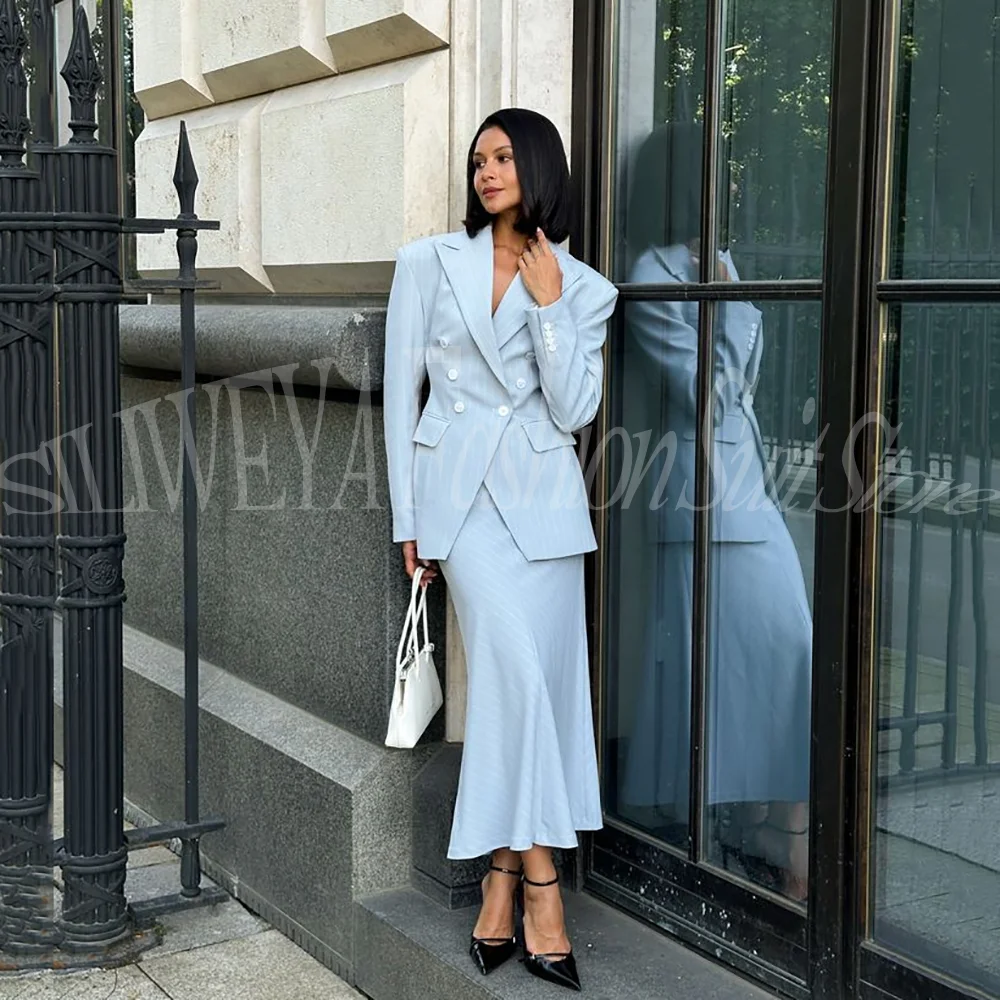 Classic Stripes Women Suits 2 Pieces Jacket Skirt Peaked Lapel Prom Chic Outfits Customized Lady Business Office Attire Tuxedo
