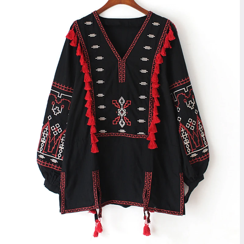 Khale Yose Summer Boho Womens Tops and Blouses Loose Embroidery Blouse Shirt Cotton Tassles Chic Hippie Ethnic Gypsy Tunic 2021