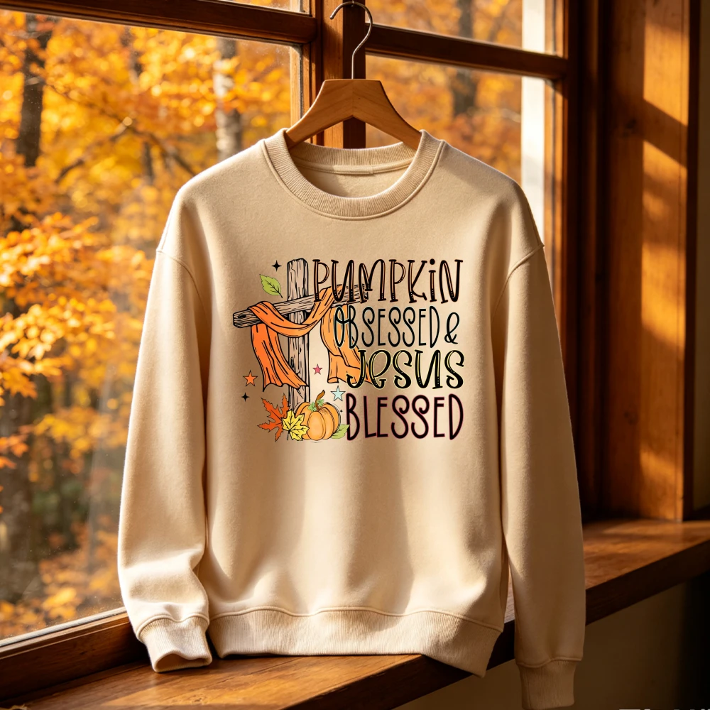Pumpkin Obsessed & Jesus Blessed Christian Cross Scarf Fall Crewneck Sweatshirt Pullover Unisex Women Men Gift Cozy Cute Top