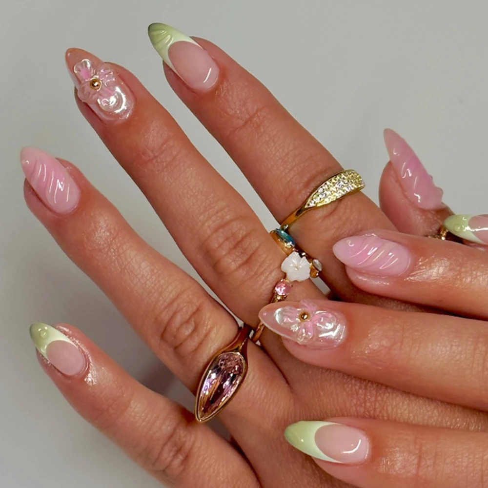 

Green Gradient French 3D Flowers Wearable Nail Art Pink Halo Dyeing False Nails Detachable Finished Fake Nails Press on Nails