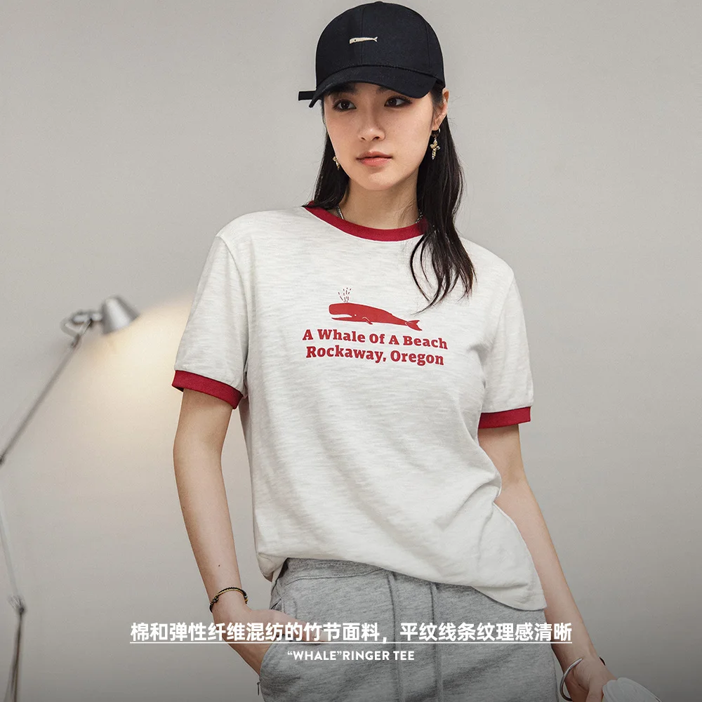 Maden Women's Printed Letters Short Sleeve T-Shirt Casual Loose Round Neck Top Contrast Color Ribbed Slim Bottoming Shirt