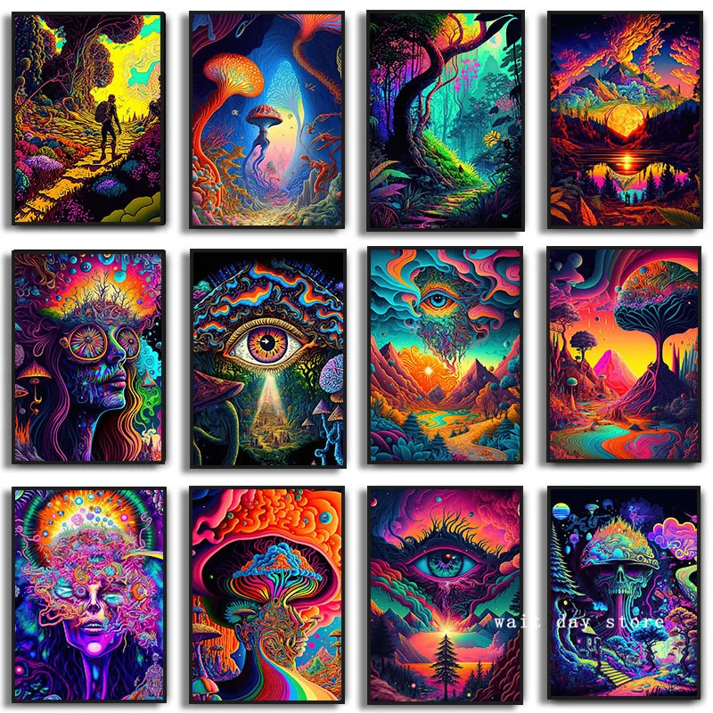 Neon Colorful Cosmic Psychedelic Character Metamorphosis Poster Mushroom Nature Canvas Painting Print Wall Art Home Room Decor