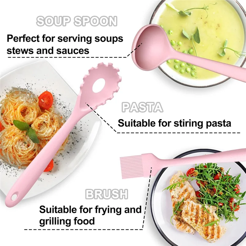 

Silicone Cooking Utensils 22Pcs Set, Heat-Resistant Kitchen Spatula Kit With Holder For Nonstick Pots And Pans(Pink) Cookware