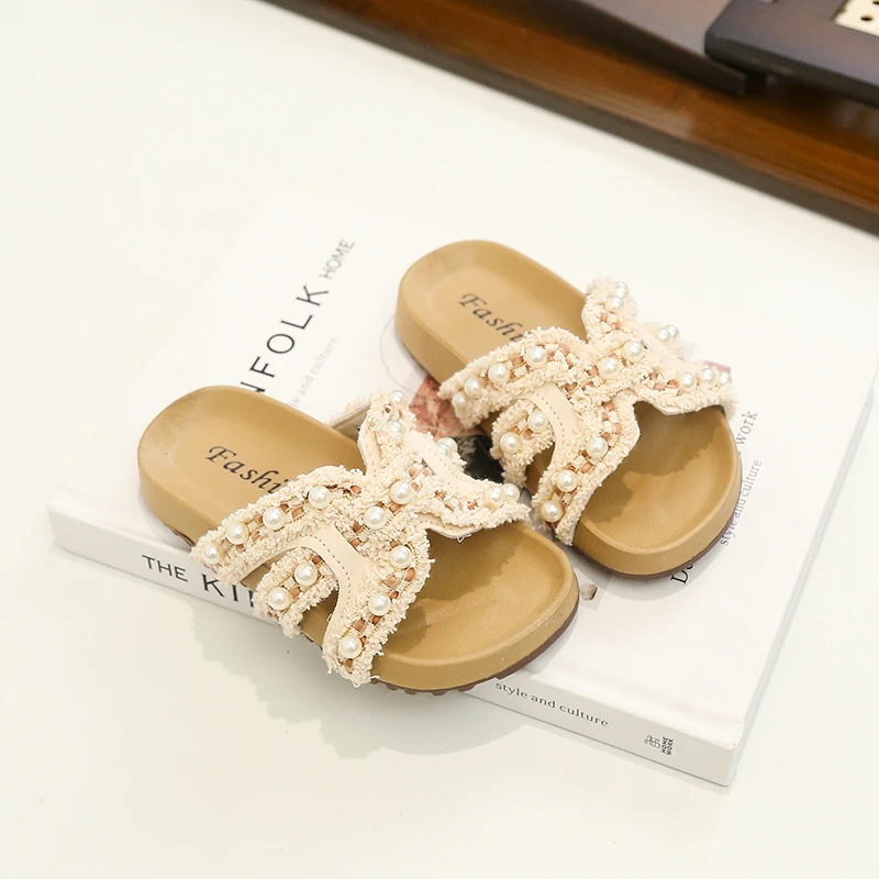 Girls Frayed Lace H‑Cutout Slide Sandals, Pearl Embellished Two‑Band Flat Slippers, Summer Casual Beach Slides for Toddler Kids