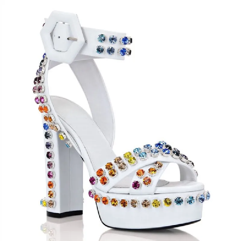 

Summer New Waterproof Platform Square Heel Colorful Diamond Sandals Thick High Heel Banquet Dress Versatile Large Women's Shoes