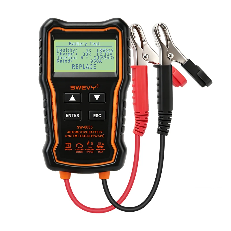 SWEVY Professional Battery Life Tester 12V/24V CCA Test Recharge Alert Reverse Polarity Protection Multi-language