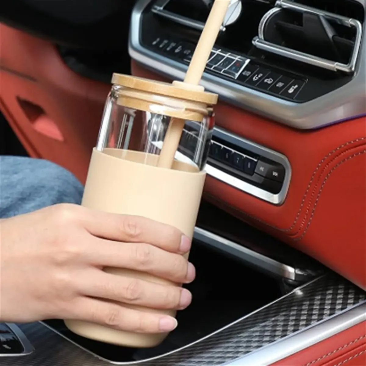 2Colors 20 OZ Glass Cups with Bamboo Lids and Straws - Beer Can Drinking Glasses with Silicone Protective Sleeve Set-ABHG view 6