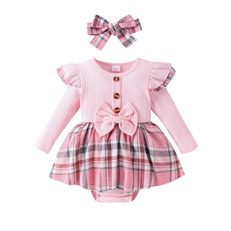 

Baby Girls Autumn Romper Dress Long Sleeve Ruffle Plaid Patchwork Romper with Headband