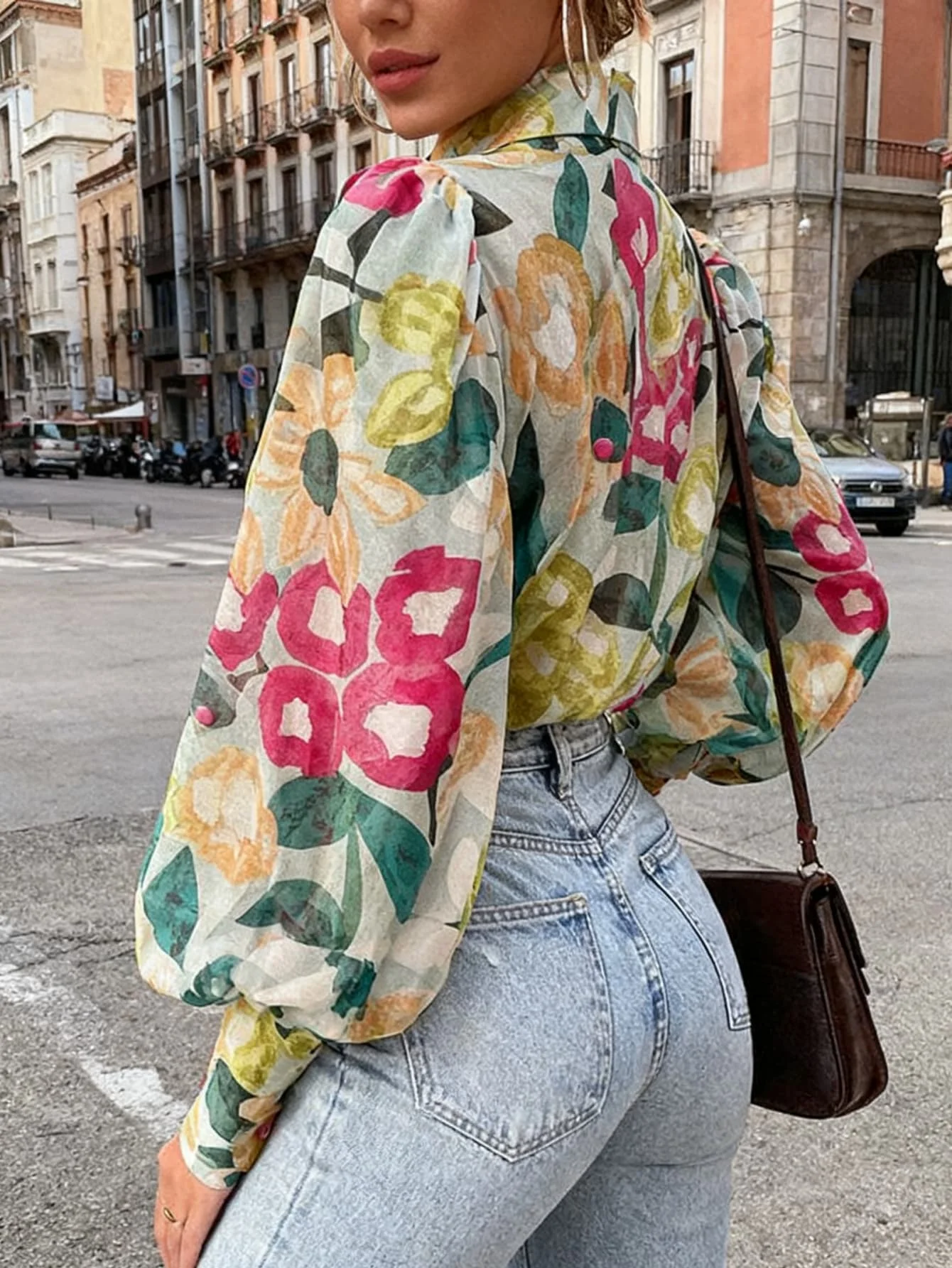 

Spring Women's Long-Sleeve Floral Print Blouse, Lapel Collar Puff Sleeve Shirt, Retro French Chic Vibe, Streetwear Outfits