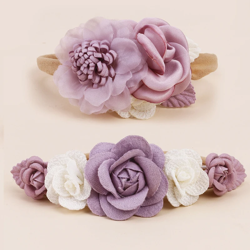 Popular Beautiful Spring Rose Blossoms Pink Purple Green Blue Handmade Nylon Headband for Girls Daily Matching with Party 2pcs