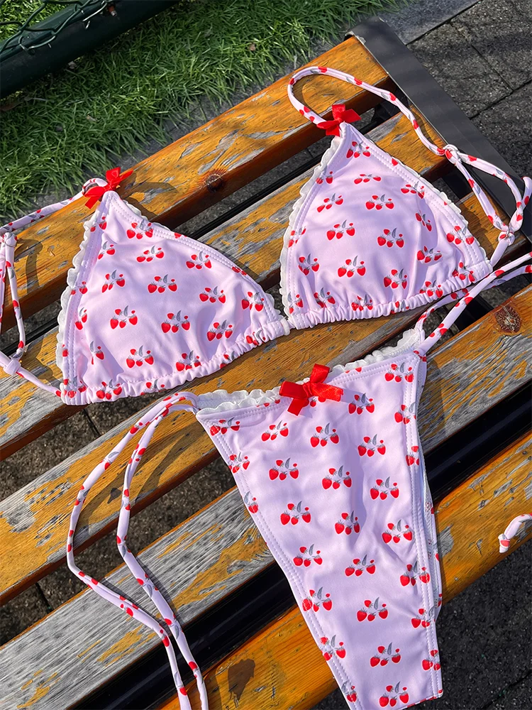 Sexy Bikinis Bow Swimwear Print Swimsuit Women Bikini Set New Beachwear Triangle Bathing Suits 2024 Micro Thong Biquini