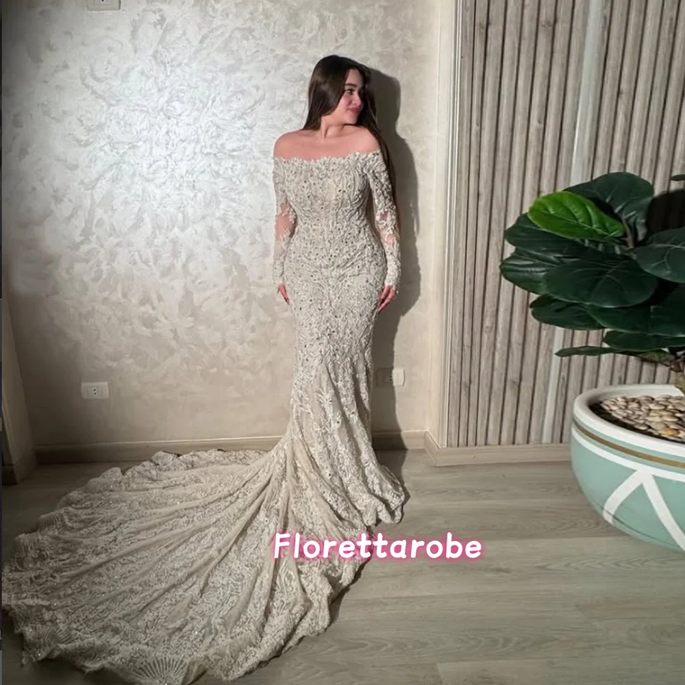 Sexy Meerjungfrau-Hochzeitskleid mit Schulterfreiem Design und Spitzenapplikationen, Langarm-Brautkleid, Prinzessinnen-Brautkleid, Maßgefertigtes Geschenk 2026