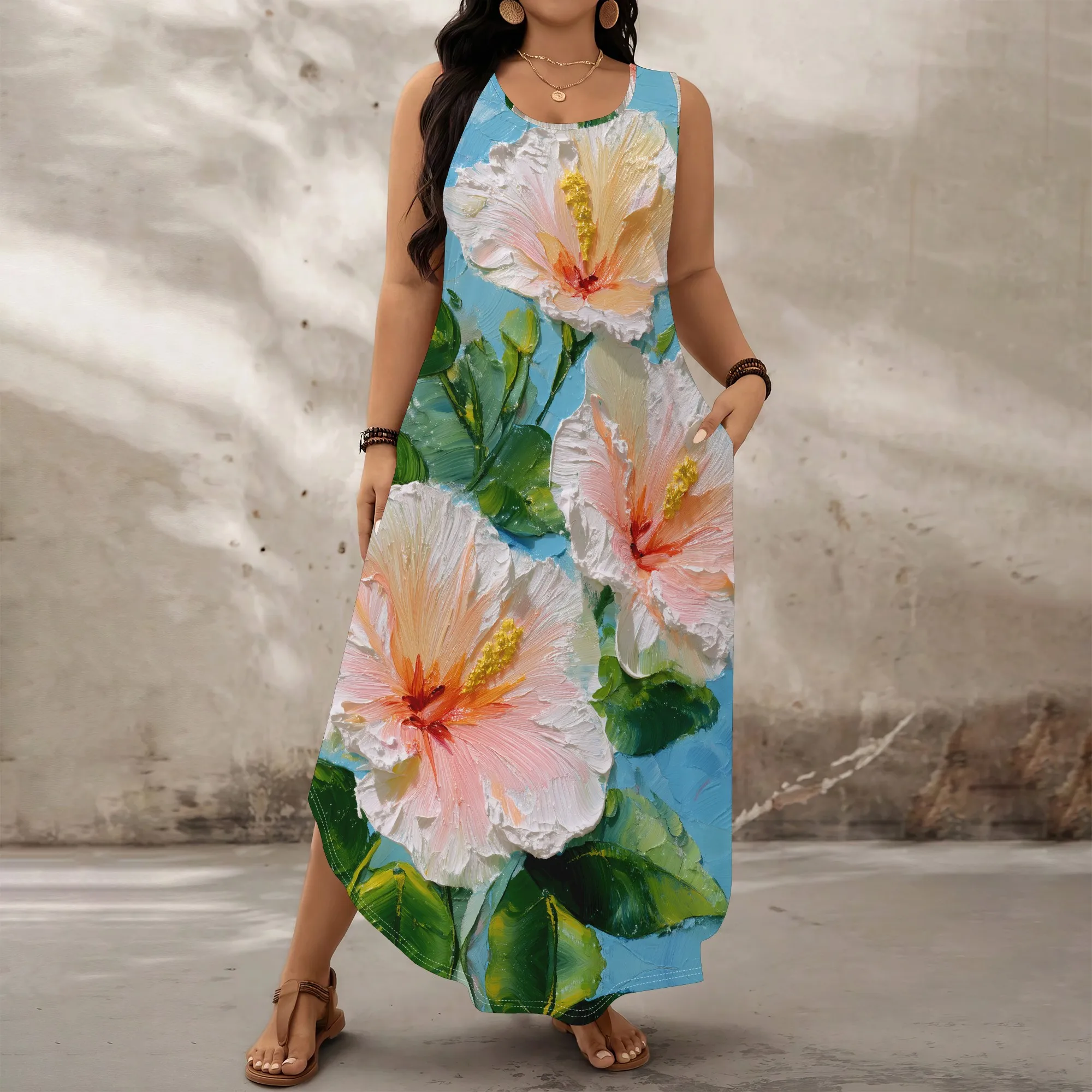 

Floral Print Maxi Dress for Women 2025 New Arrival V-Neck Sleeveless Beach Party Dress XL-6XL